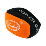 Angled close-up of Power Grip Ball for darts, orange and black fabric, branding and grip details visible, isolated on white background
