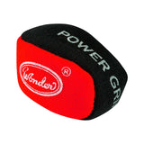 Angled close-up of Power Grip Ball for darts, showing textured black and red surface with visible logo, ideal for moisture absorption and improved grip.