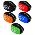Five Power Grip Balls for darts in black, red, orange, blue, and green, angled full view on white background, highlighting textured grip surface