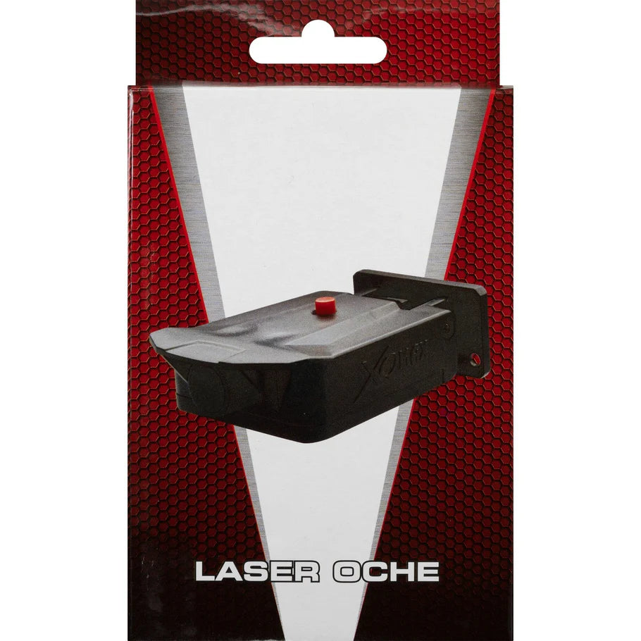 Laser oche in display packaging, angled view highlighting adjustable design and setup button for marking dart throw line