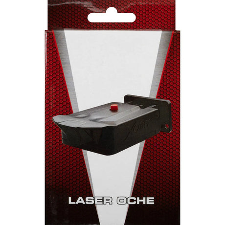 Laser oche in display packaging, angled view highlighting adjustable design and setup button for marking dart throw line